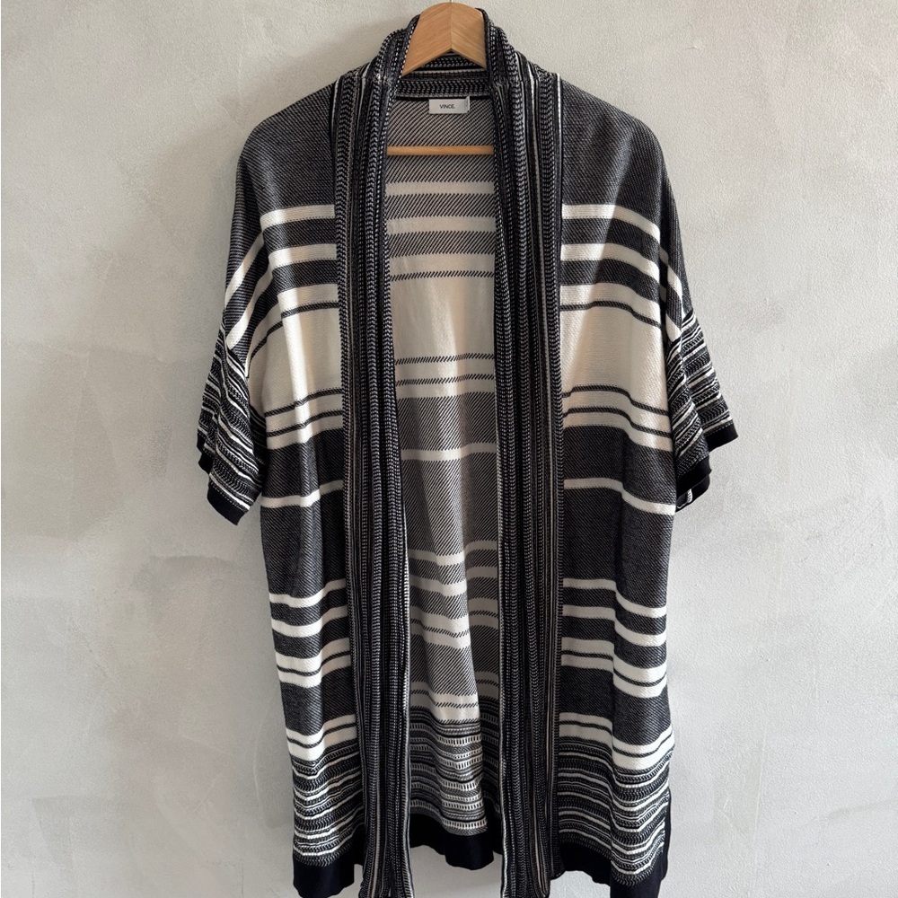 Vince - Black and White Long Cardigan Sweater with Bold Stripes - Size S